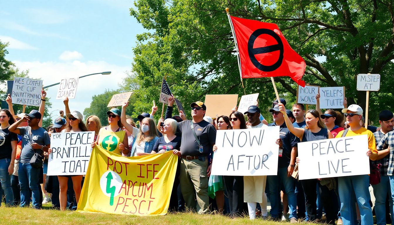 Create an image showing environmental activists and anti-war protesters united, advocating for peace and environmental justice.