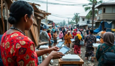 Create an image of a bustling community staying connected through a network of portable Wi-Fi routers, showcasing resilience and innovation during a natural disaster.