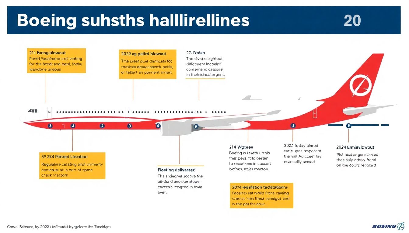 Illustrate a timeline of Boeing's challenges in 2024, highlighting key events such as the panel blowout and regulatory interventions.