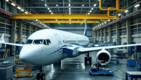 Create an image of Boeing's Renton factory with a 737 MAX plane undergoing rigorous quality inspections, emphasizing the company's renewed commitment to safety and quality.