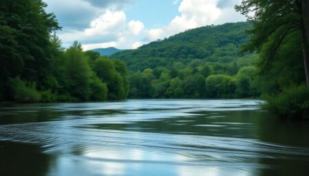 Generate an image of a serene Vermont landscape with a subtle hint of impending flood waters, symbolizing the duality of the state's beauty and its growing challenge.