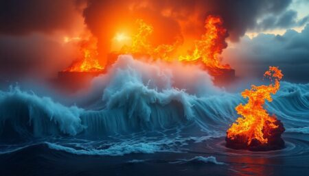 Create an engaging image that depicts the interplay between climate change and natural disasters, highlighting the increased frequency and intensity of events like floods, fires, hurricanes, and tornadoes.