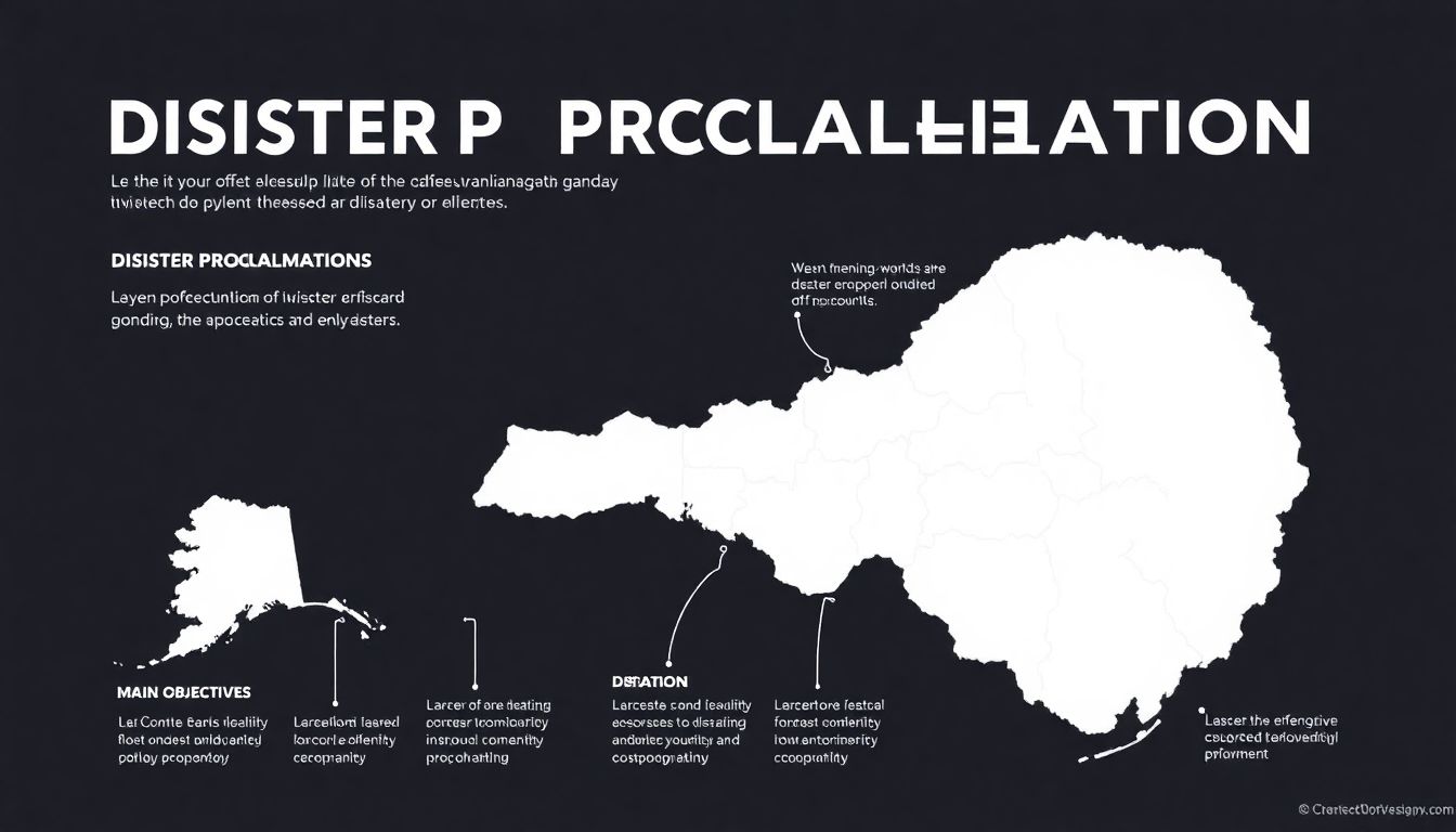 Create an infographic showing the key points of the disaster proclamation, including the affected counties, duration, and main objectives.