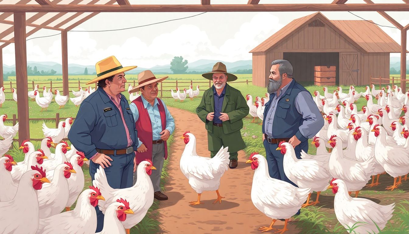 Illustrate a scene of a poultry farm with farmers and officials discussing the bird flu situation.