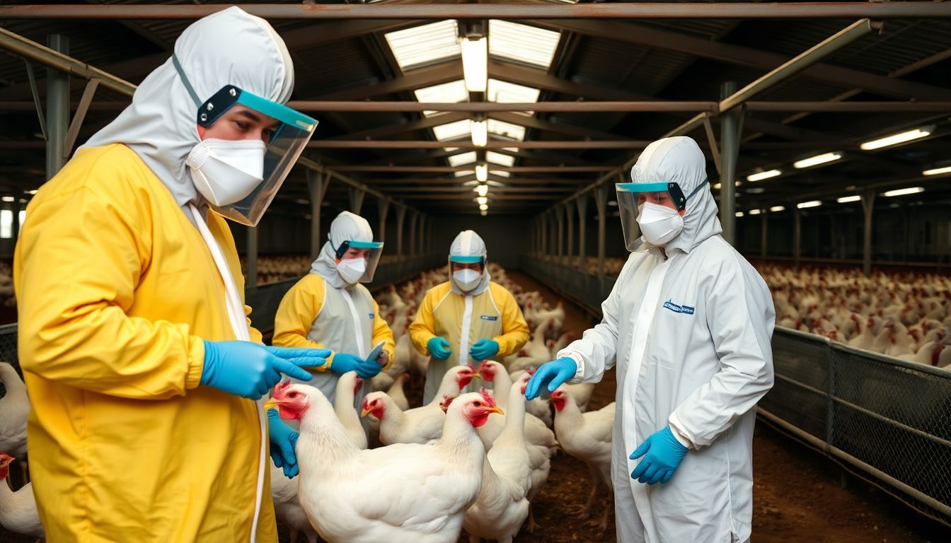 Show a team of professionals in protective gear working on containment and disinfection at a poultry farm.