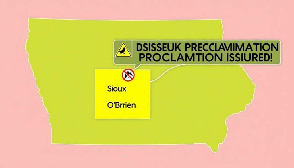 Generate an image of a map of Iowa highlighting Sioux and O’Brien Counties with bird flu alert icons and a banner stating 'Disaster Proclamation Issued'.