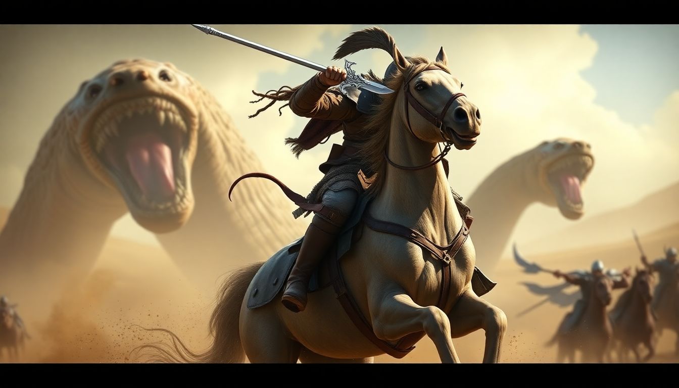 A warrior on horseback charging into battle, wielding the White Wolf Waist Knife, while a massive sandworm lurks in the background.