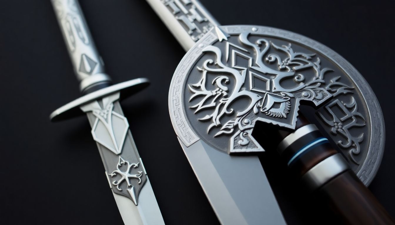 A close-up of the White Wolf Waist Knife and Sabo Plate Hammer, showcasing their intricate designs and deadly elegance.