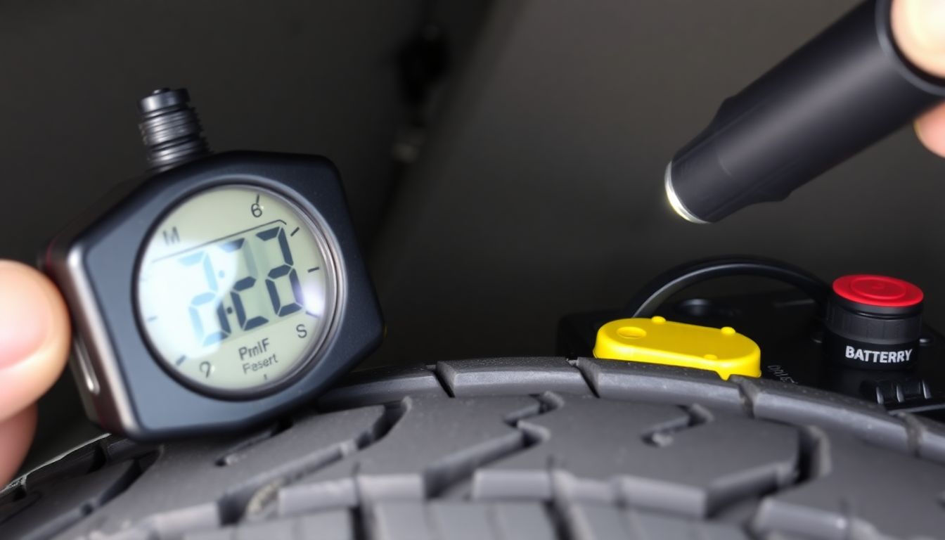 A close-up of a tire tread gauge, windshield wipers, and a car battery being tested.