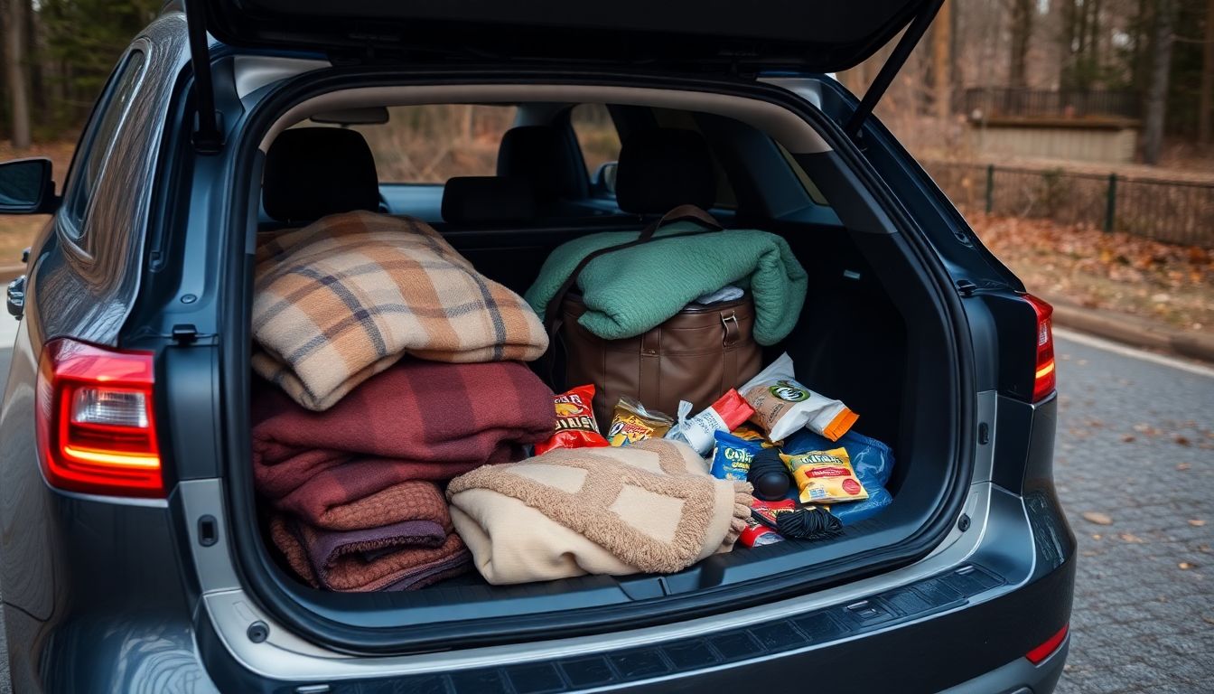 An open trunk of a car with an emergency kit, including blankets, snacks, and a phone charger.