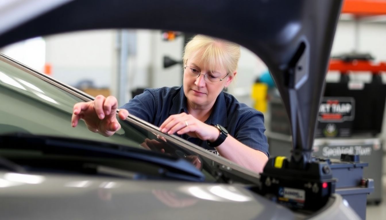 Shannon Smith inspecting a car, with a focus on the tires, windshield wipers, and battery.