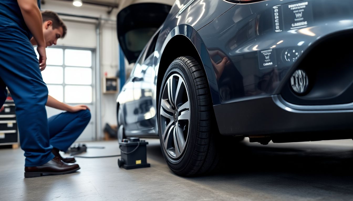 A car being inspected in a garage, with a mechanic checking the tires and battery.