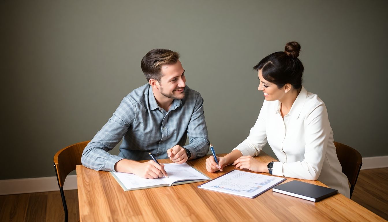 Show a couple sitting at a table with a planner, discussing their goals and plans, with a sense of alignment and intentionality.