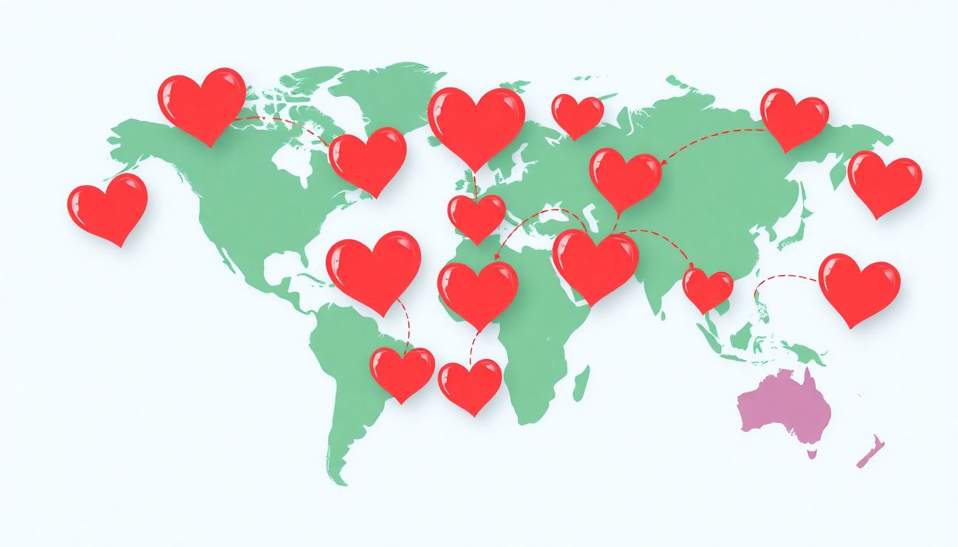 Illustrate a global map with hearts connecting different regions, symbolizing the spread of the Cohesive Couple Model and its positive impact on relationships around the world.