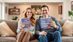 Create an image of a happy couple sitting together on a cozy couch, each holding a copy of 'The Cohesive Couple' book, with a background of a modern living room filled with warmth and connection.