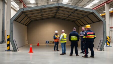 Create an image of a warehouse with a newly constructed tornado shelter, workers undergoing safety training, and first responders discussing emergency plans.