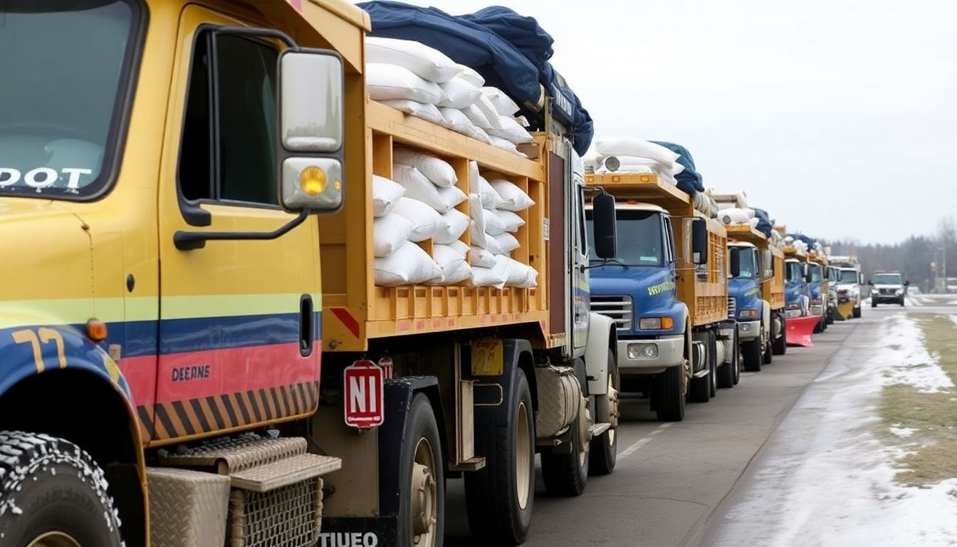 IDOT trucks loaded with sandbags, plows, and other equipment, ready to deploy as the storm hits.