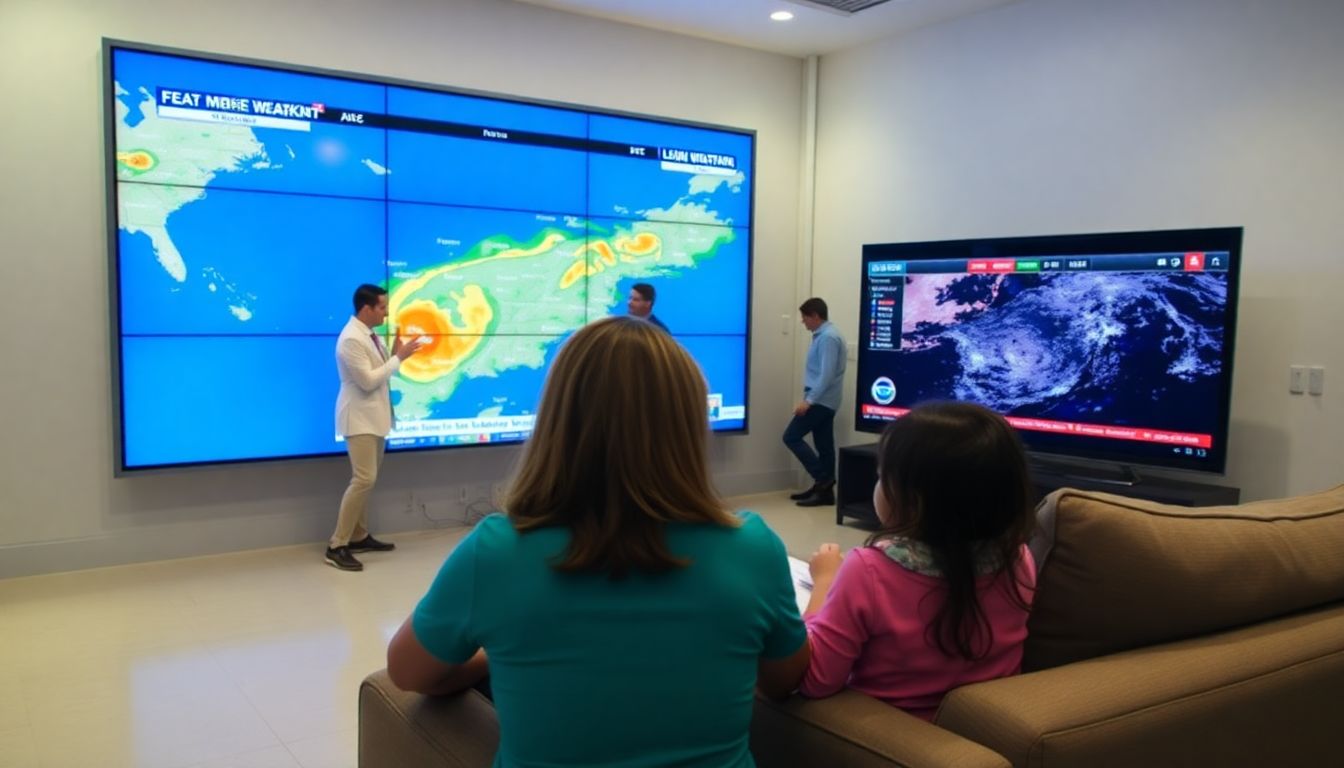 A newsroom with reporters tracking the storm on weather maps, and a family watching the news on their television at home.