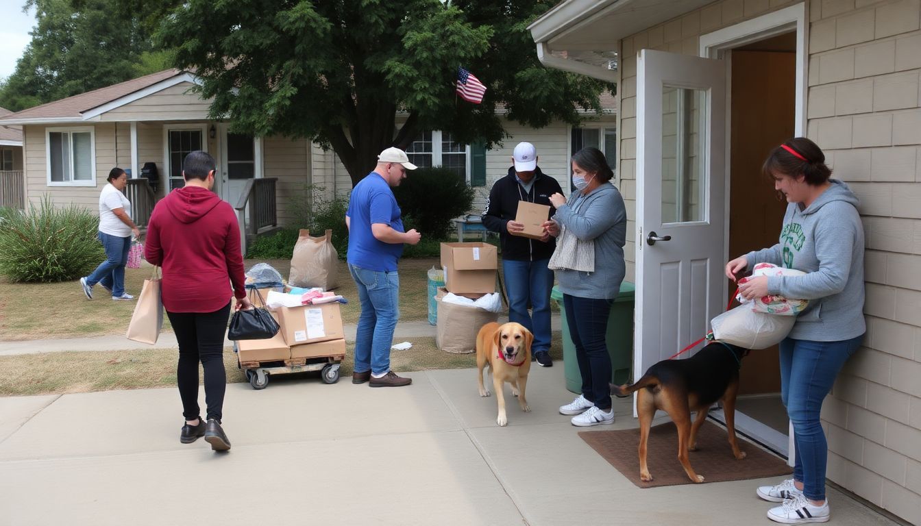 Neighbors helping each other secure their homes, community members dropping off supplies at the shelter, and pet owners bringing their dogs inside.