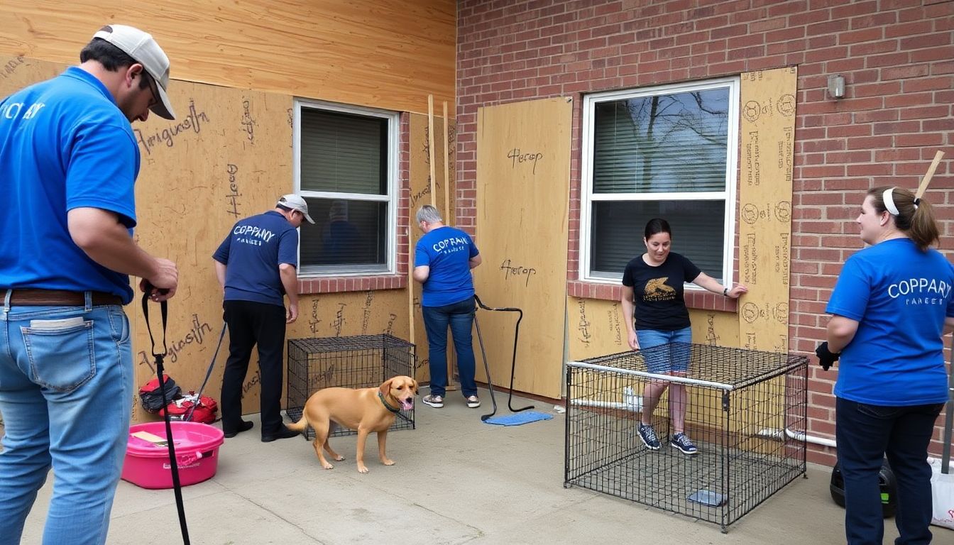 Volunteers boarding up windows, securing dog runs, and bringing dogs indoors as the storm approaches.