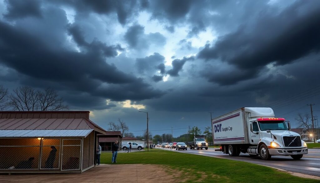 A darkening sky with a dog shelter in the foreground, volunteers rushing to secure the facilities, and IDOT trucks preparing for road maintenance. The scene should evoke a sense of urgency and community spirit.