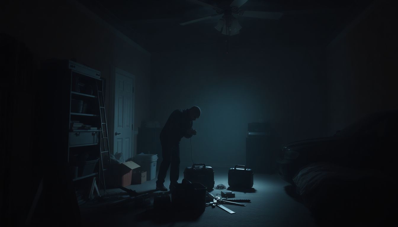 Create an image of the suspect in a dimly lit room, gathering his tools and preparing his vehicle.