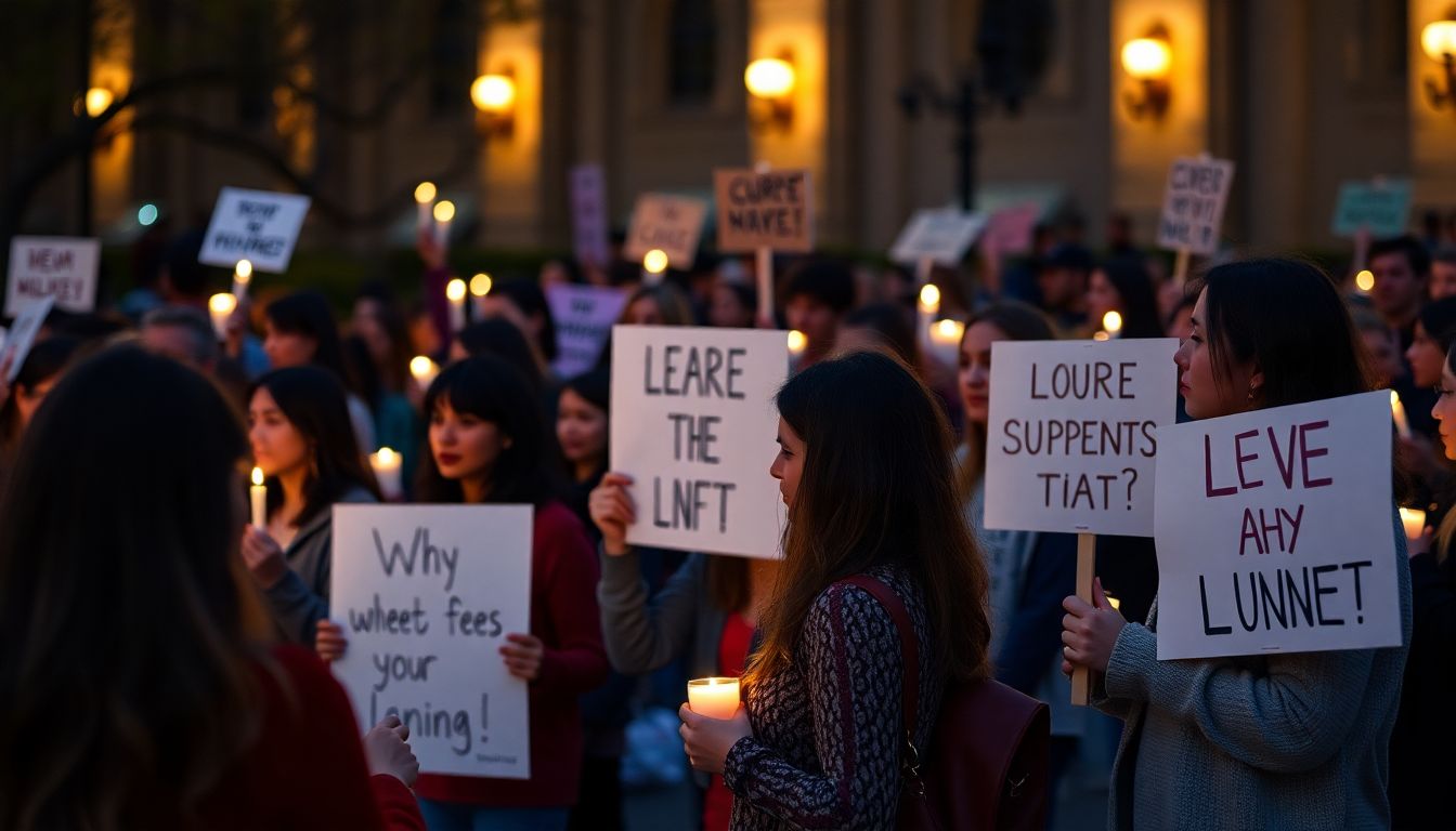 Create an image of a community gathering, with people holding candles and signs of support.