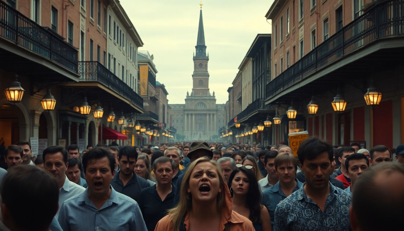 Create an image of a crowded Bourbon Street with people reacting in shock and horror.