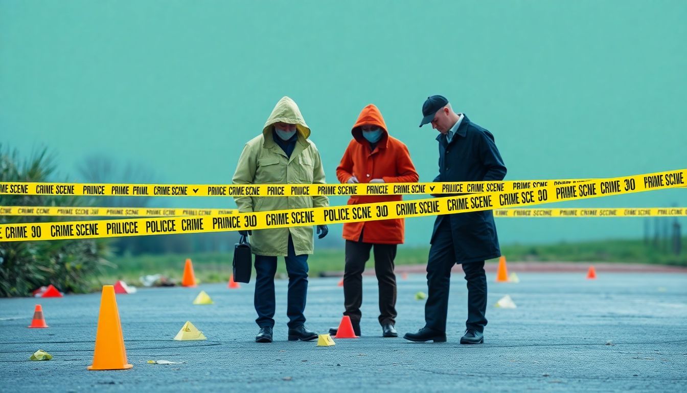 Create an image of investigators examining the crime scene, with evidence markers and police tape.