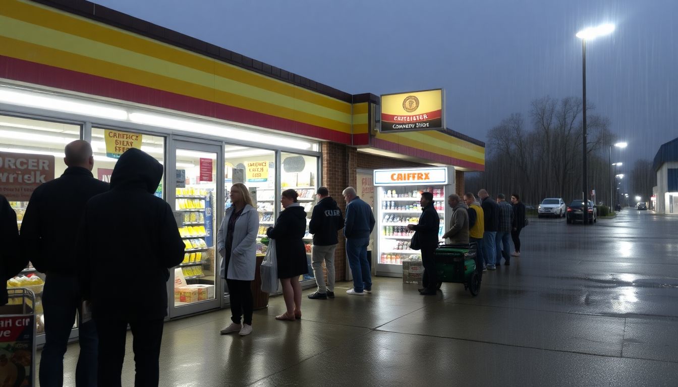 A convenience store open during a storm, with customers lining up to buy essentials while the store's generator keeps the lights on.