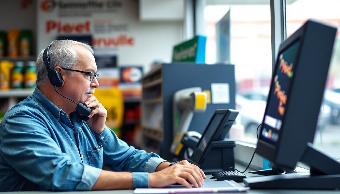 A convenience store manager coordinating with suppliers over the phone, ensuring the store has enough fuel to stay open.