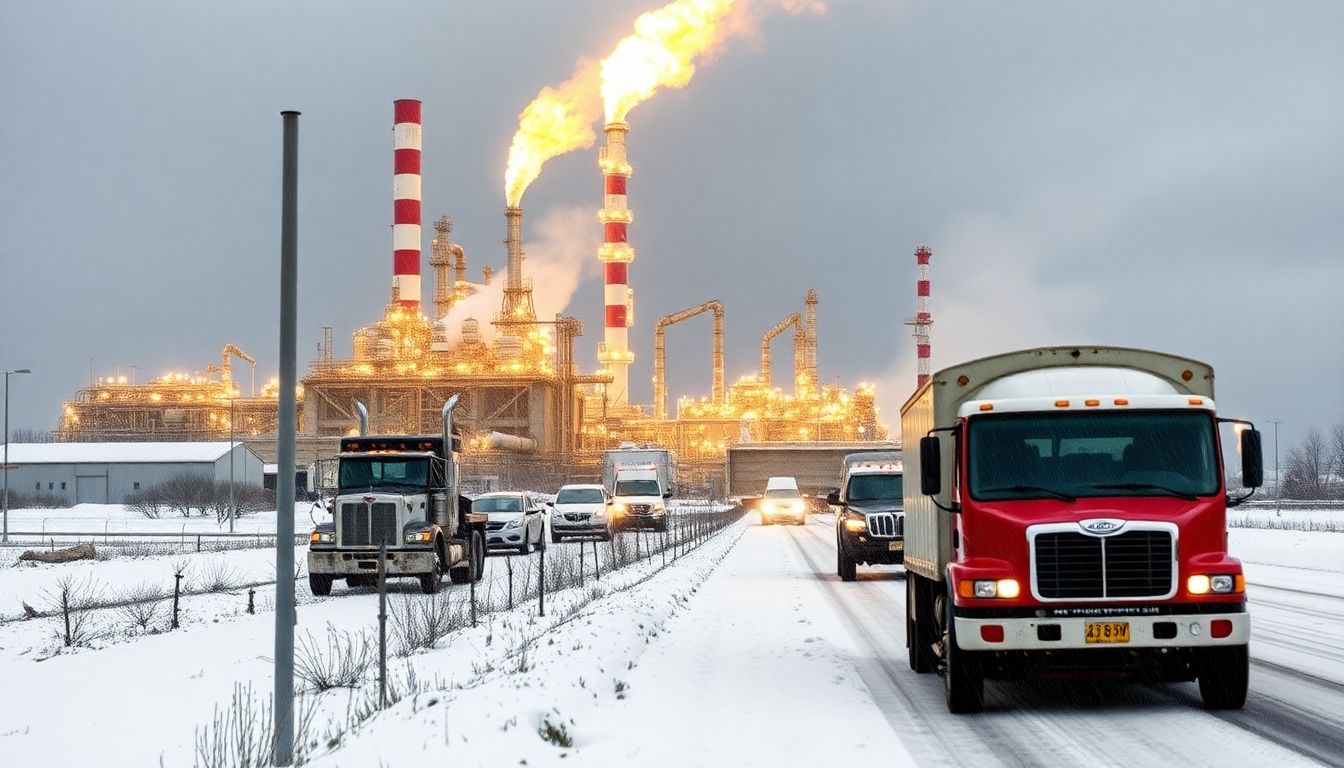 A storm hitting a refinery, with pipelines and fuel trucks affected by the harsh weather conditions.