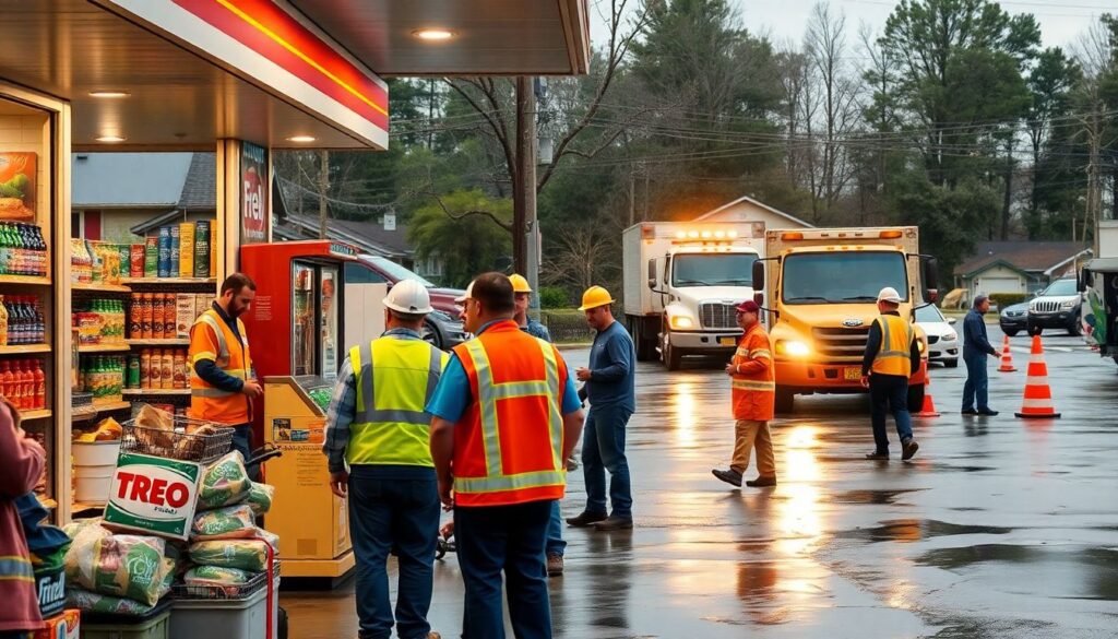 An image showing a convenience store operating during a natural disaster, with employees helping customers and emergency workers, while fuel trucks are in the background trying to reach the store.