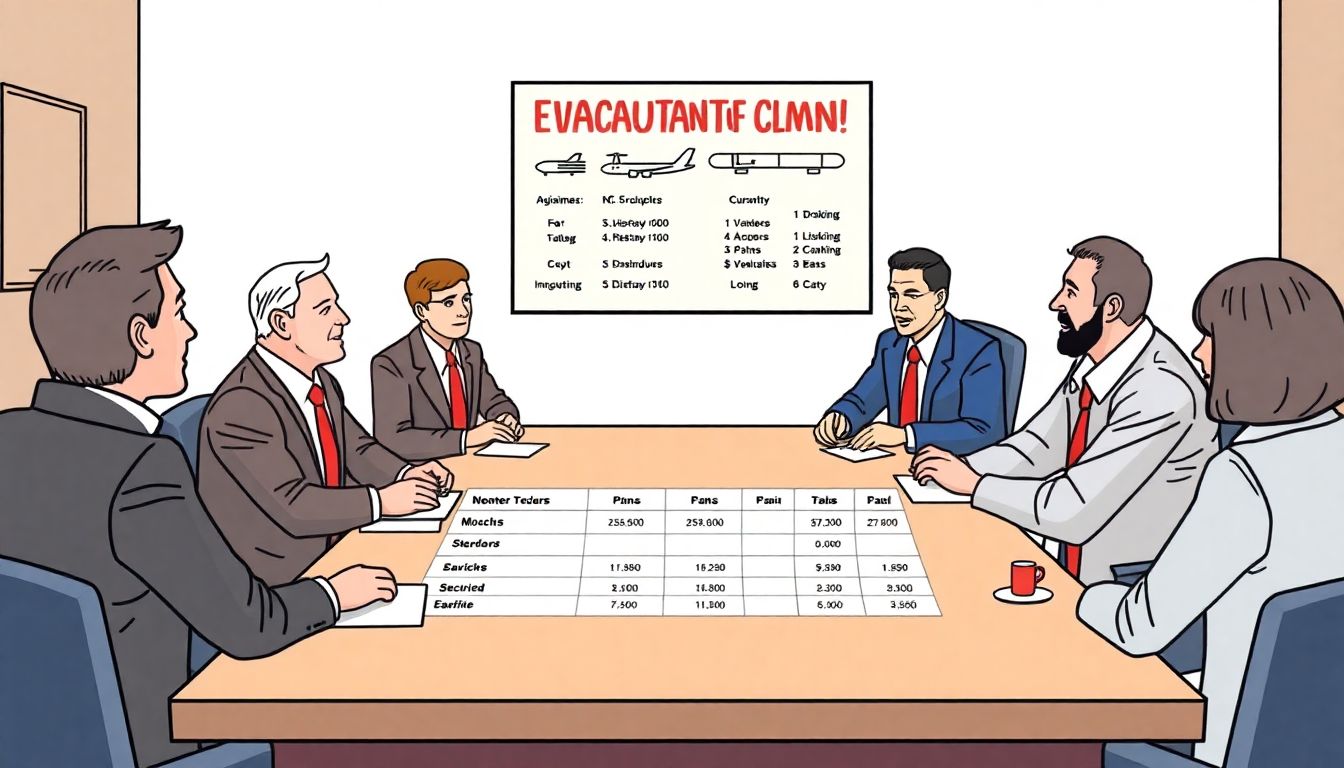 Illustrate a meeting of government officials discussing the evacuation plans with a budget breakdown chart.