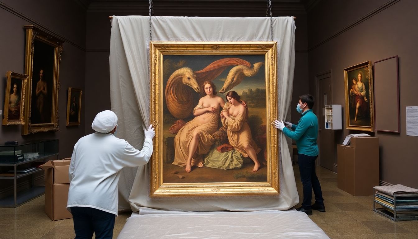 Showcase a team of experts carefully packing and transporting famous artworks from a museum.