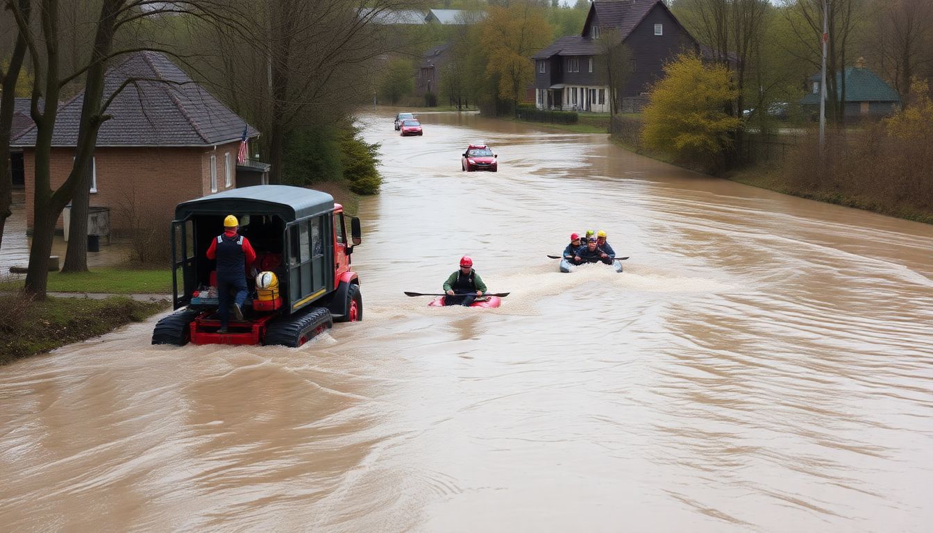 Create an image of flooded areas in southern Poland with rescue teams in action.