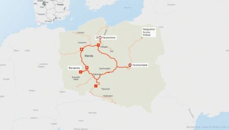 Generate an image showcasing a map of Poland with highlighted evacuation routes, national treasures, and emergency services in action.