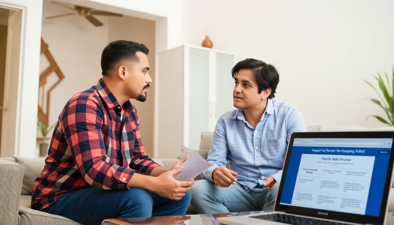 A renter discussing flexible payment options with their property manager, with a background of a slightly damaged apartment and a laptop showing relief program websites.