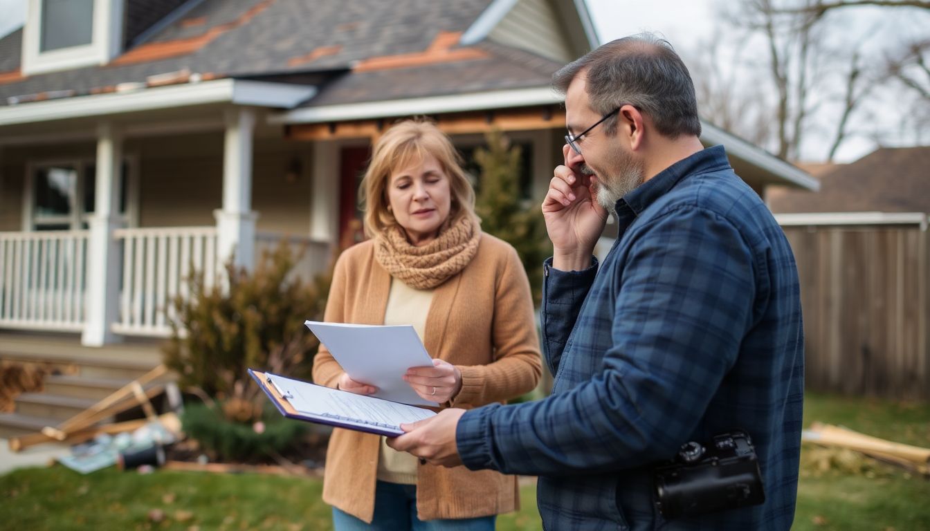 A homeowner on the phone with their insurance agent, surrounded by slightly damaged property, with a clipboard of notes and a camera nearby.