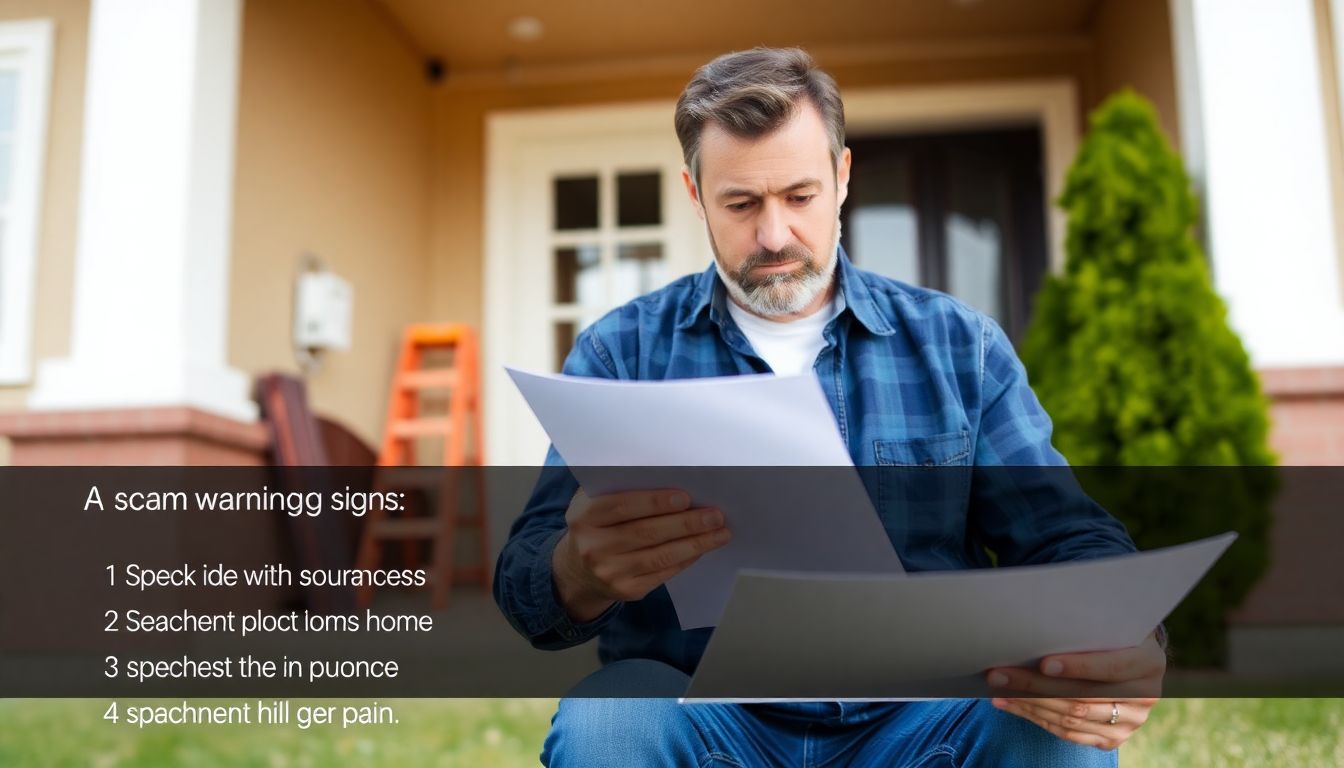 A homeowner cautiously reviewing a repair contract, with a background of a slightly damaged home and a list of scam warning signs.