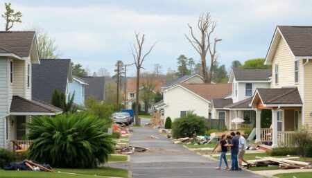 A serene neighborhood disrupted by a natural disaster, with homeowners and renters working together to assess damage and contact necessary services.