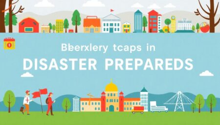 Create an engaging image that represents disaster preparedness in Berkeley, featuring elements like emergency kits, community volunteers, and iconic Berkeley landmarks.