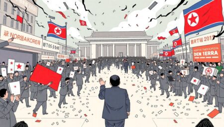 Create an illustration showcasing a chaotic political scene in South Korea with North Korean media outlets highlighting the stability of their own regime in the background.