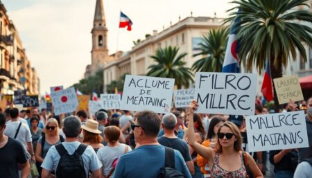 Generate an image of a bustling tourist scene in Mallorca with a backdrop of chaos, featuring protesters holding signs and tourists looking confused amidst the commotion.