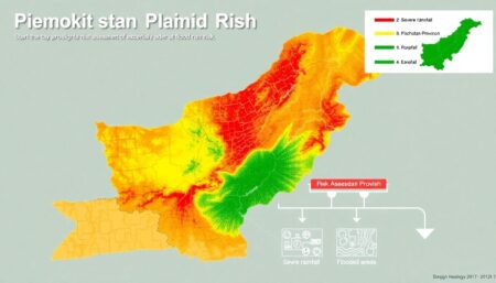 Design an image that represents the Piedmont Plain of Pakistan with a focus on the flood risk. Include elements like the Balochistan Province, severe rainfall, flooded areas, and a schematic representation of the risk assessment process.