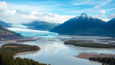 Create an image of Alaska's landscape with melting glaciers, flooded areas, and affected fisheries, highlighting the contrast between the natural beauty and the devastating impacts of climate change.