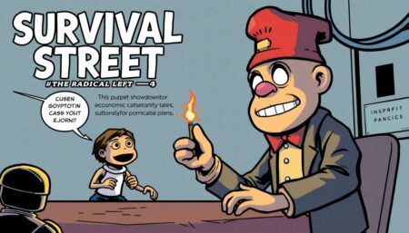 Create an engaging and playful preview article for the comic book Survival Street: The Radical Left #4, highlighting the puppet showdown, dystopian themes, and economic cautionary tales. Include a humorous tone with references to LOLtron's world domination plans.