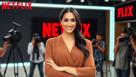 Create an image of Meghan Markle standing confidently in a studio, surrounded by cameras and crew members, with a Netflix logo in the background.