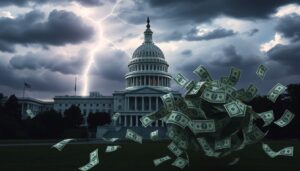 Create an image of a storm brewing over Capitol Hill, with lightning striking the building and dark clouds gathering. In the foreground, a tornado of dollar bills swirls, representing the impending debate over tax cuts.