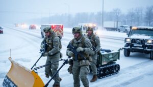 Create an image of National Guard members in action during a simulated extreme winter storm, with emergency vehicles, plows, and response trailers in the background.